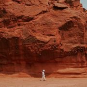 person walking near brown rock