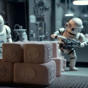 a robot holding a gun next to a pile of rolls of toilet paper