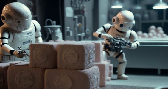 a robot holding a gun next to a pile of rolls of toilet paper