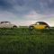 white and yellow Volkswagen Beetles on open ground