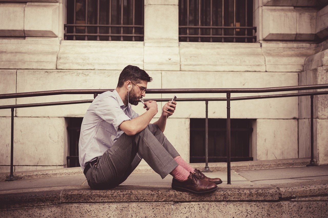 brown leather shoes, man, earphones